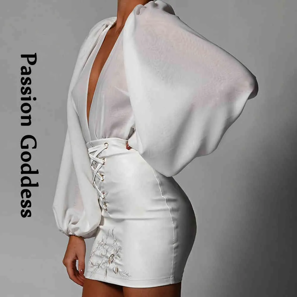 Mulheres Sexy White Pu Couro Bordado Saias Bonita Lace Up Cintura Alta Bodycon Mini Saias Festa Lápis Lápis Saias de Couro Escritório X0428