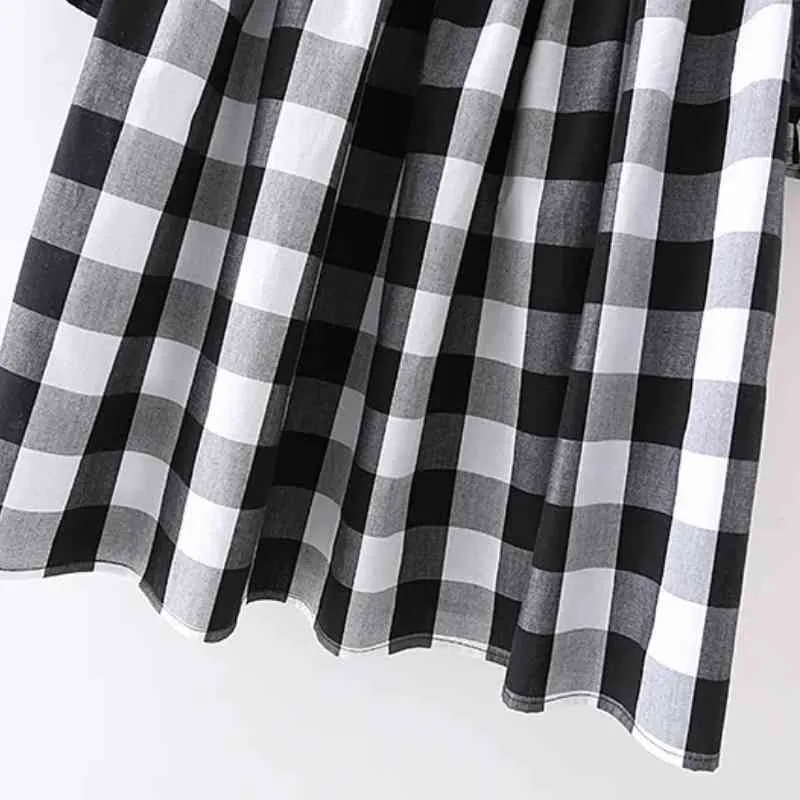 Summer Women Square Collar Black White Plaid Mini Dress Female Lantern Sleeve Clothes Casual Lady Loose Vestido D7517 210430