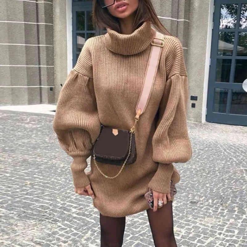 Autumn Winter Dress Women Elegant High Neck Knitted Dress Lantern Sleeve Straight Tube Loose Dress Sexy Office Dresses 210521