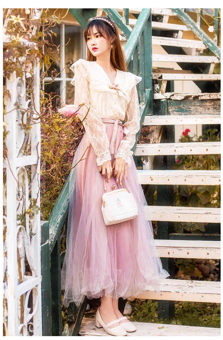 High Quality Luxury Runway Two Piece Women Summer Long Sleeve Lace V Neck Tops + Elastic Waist Mesh Pink Skirts Suit 210514