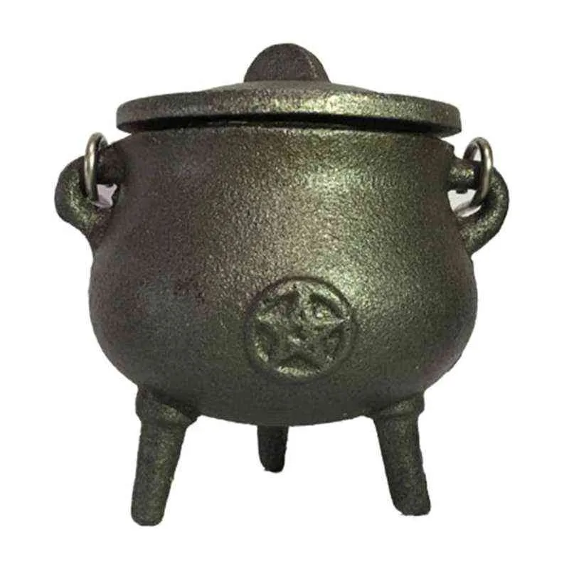 Cauldron de hierro fundido con mango de tapa bruja olla incienso ardiente para hechizos Smudging bendiciones rituales candelero 211108