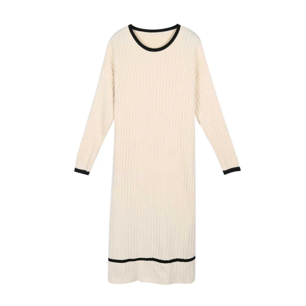 PERHAPS U Women Sweater O Neck Beige Black Pullovers Long Sleeve Casual Winter Loose Long Midi Dress D0846 210529