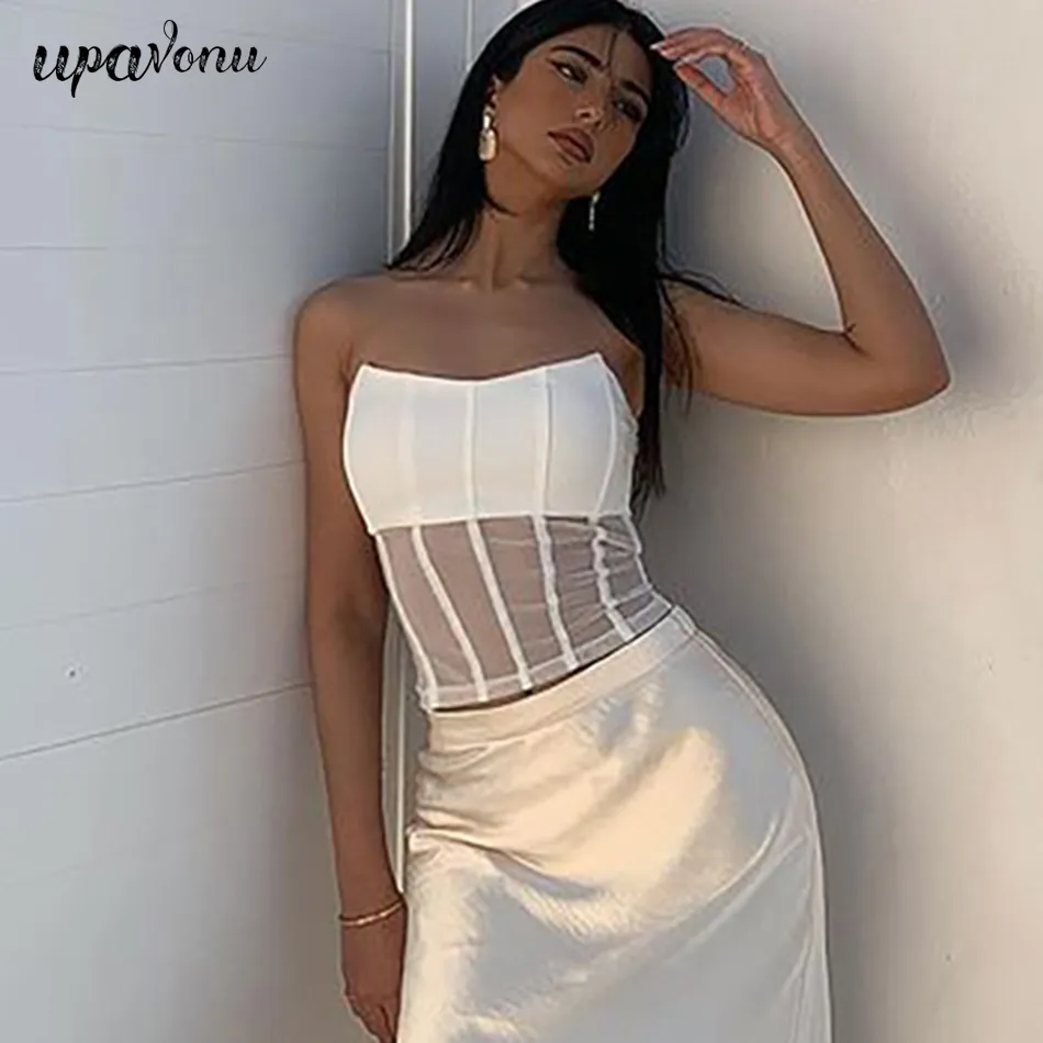 Free Sexy Summer Chest Wrap Vendaje Crop Top Mujer Blanco Sin mangas Halter Mesh Patchwork Club Party 210524