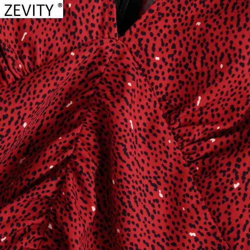 Mulheres sexy profundamente pescoço de leopard impressão plissada mini vestido feminino manga feminina back zipper casual vestido ds4631 210420