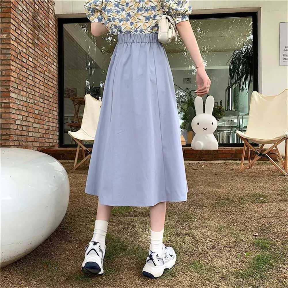 Pure Color Stretch High midje knapp lång kjol Kvinnor Vintage Harajuku White A-line kjol för studenter Koreanska flickor Sweet Casual 210619