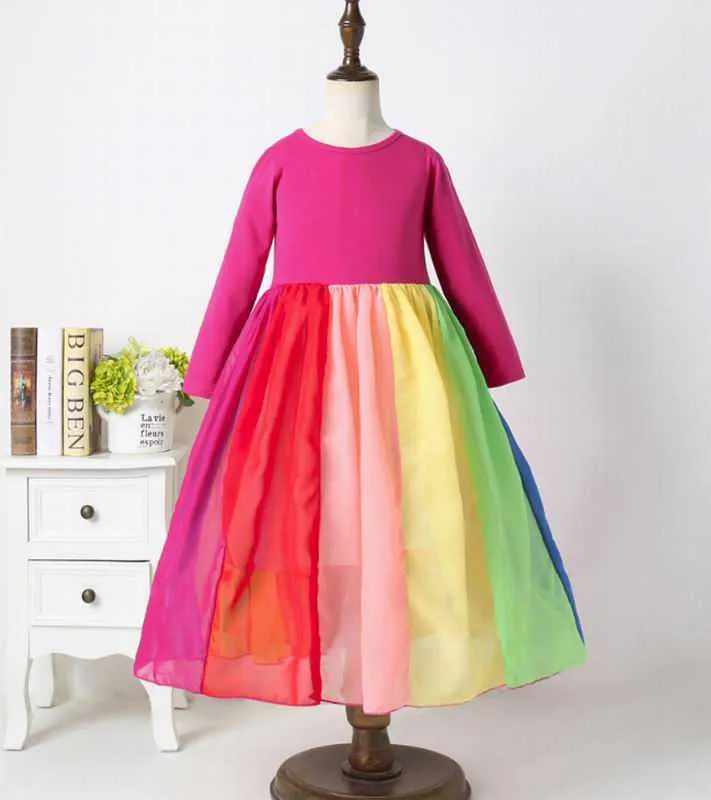 Rainbow Gauz Długa Dress Spring Sleeve Casual Es Holiday Baby Clothes 1-6Y E20113 210610