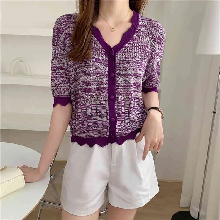 Hollow Knitted Cardigan Kobiety Lato Krótki Rękaw V-Neck Pojedynczy Kierowiec Cienki Crop Tops Sweter Koreański Mody Bluzy 210513