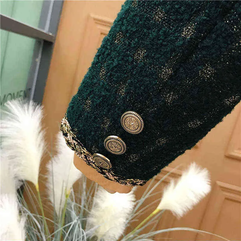Giacca vintage in tweed scozzese da donna Elegante monopetto da donna Capispalla corto Top Primavera Autunno Manica lunga Cappotto verde scuro retrò 211105