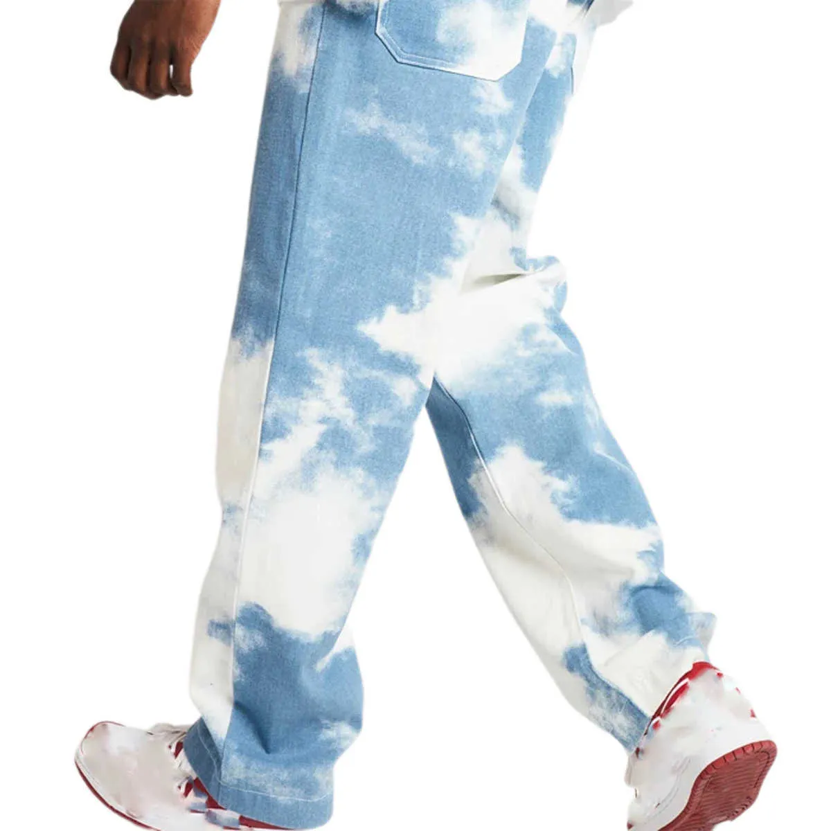 Hot Moda Homens Casuais Loose Reta Denim Calças Tie Tintura Céu Céu Azul Longo Calça Reta Calças de Jeans Street Outfits S-3XL X0621