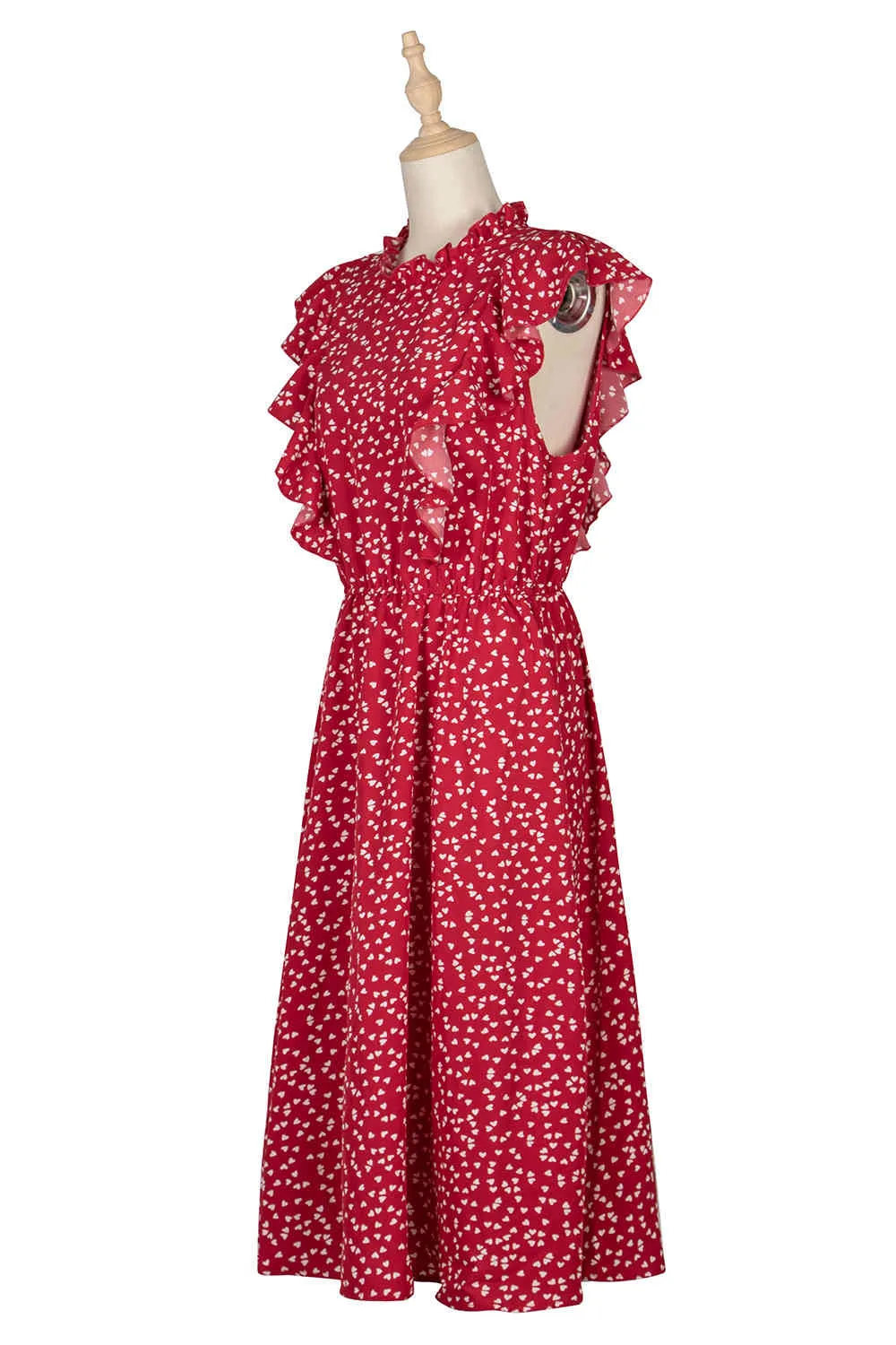 Zomer chiffon jurk vrouwen floral print ruche a-lijn sundress jurk casual fit vrouwen kleding vakantie rode vintage jurken 210521