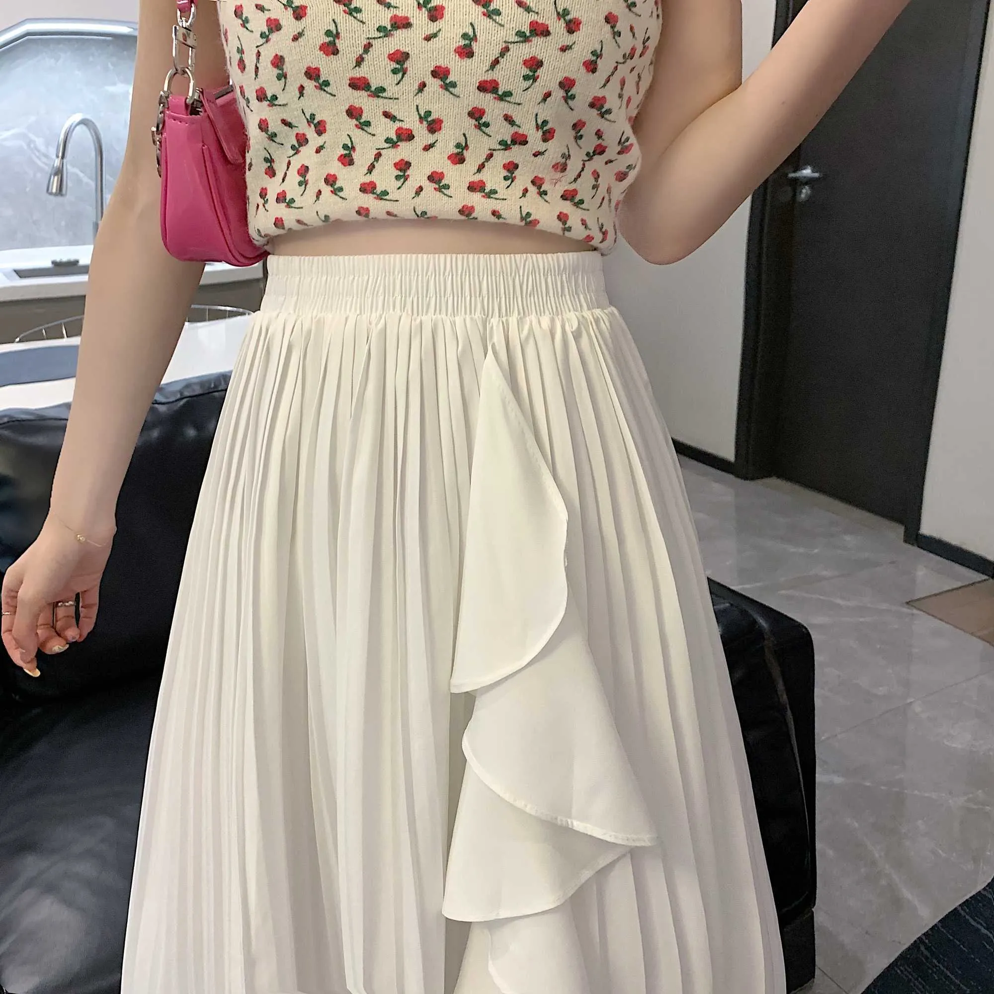 Нерегулярная взволнованная белая юбка женская летняя корейская версия высокой талии Slim Long 210529