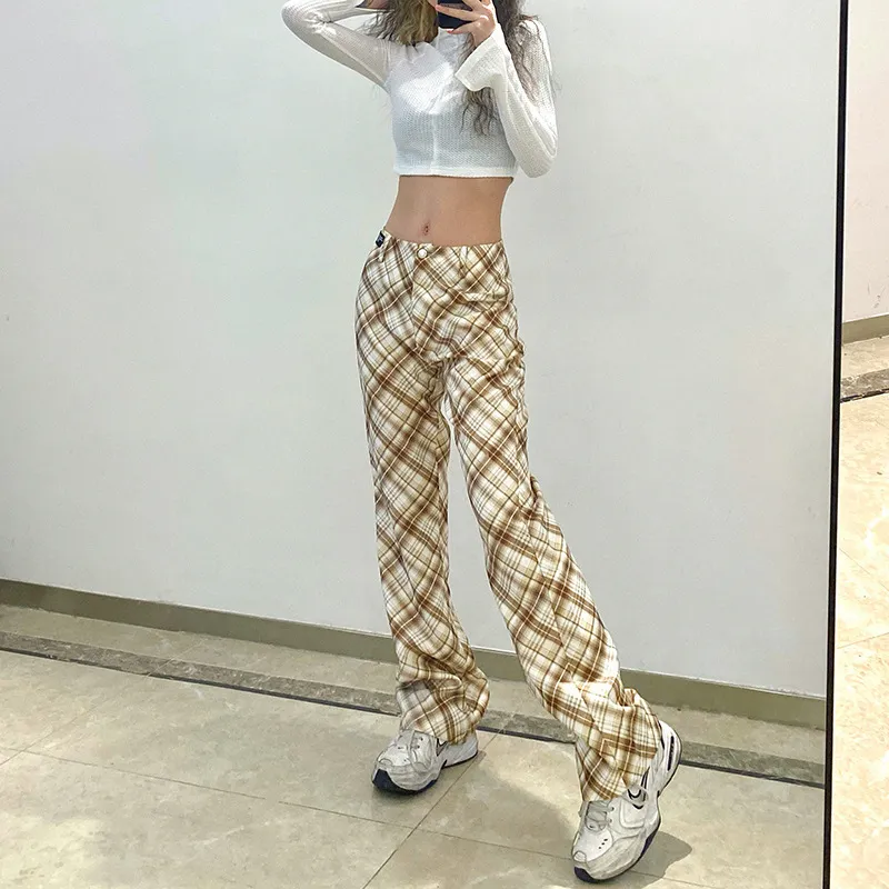 Pantalon à carreaux femmes printemps été décontracté Chic surdimensionné ample pantalon à jambes larges Ins rétro adolescents Harajuku hip-hop tout match 210524