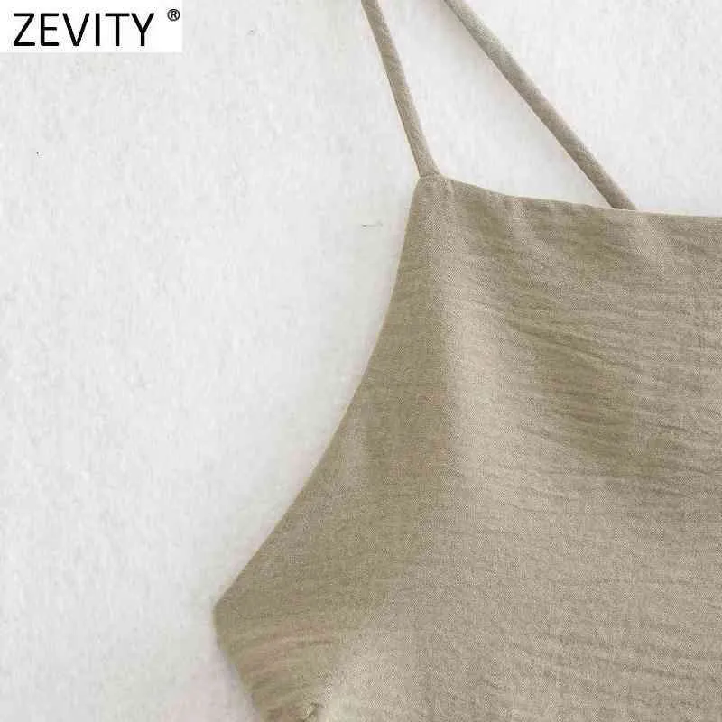 Zevity New Women Spaghettiストラップセクシーなシックなソリッドキャミスタンクレディー夏背中の背骨クロスレースアップスリングショートクロップトップスLS9010 210419