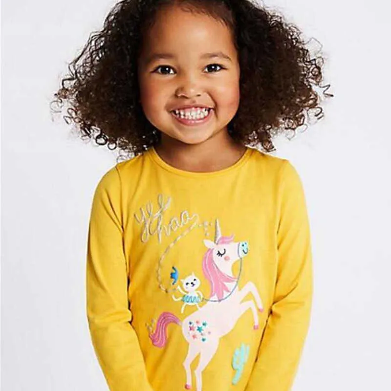 Jumping Meters Unicorn Girls Lange Mouw T Shirts 100% Katoen Ops Kinderen Dieren Kleding Herfst Lente Kinderen 210529