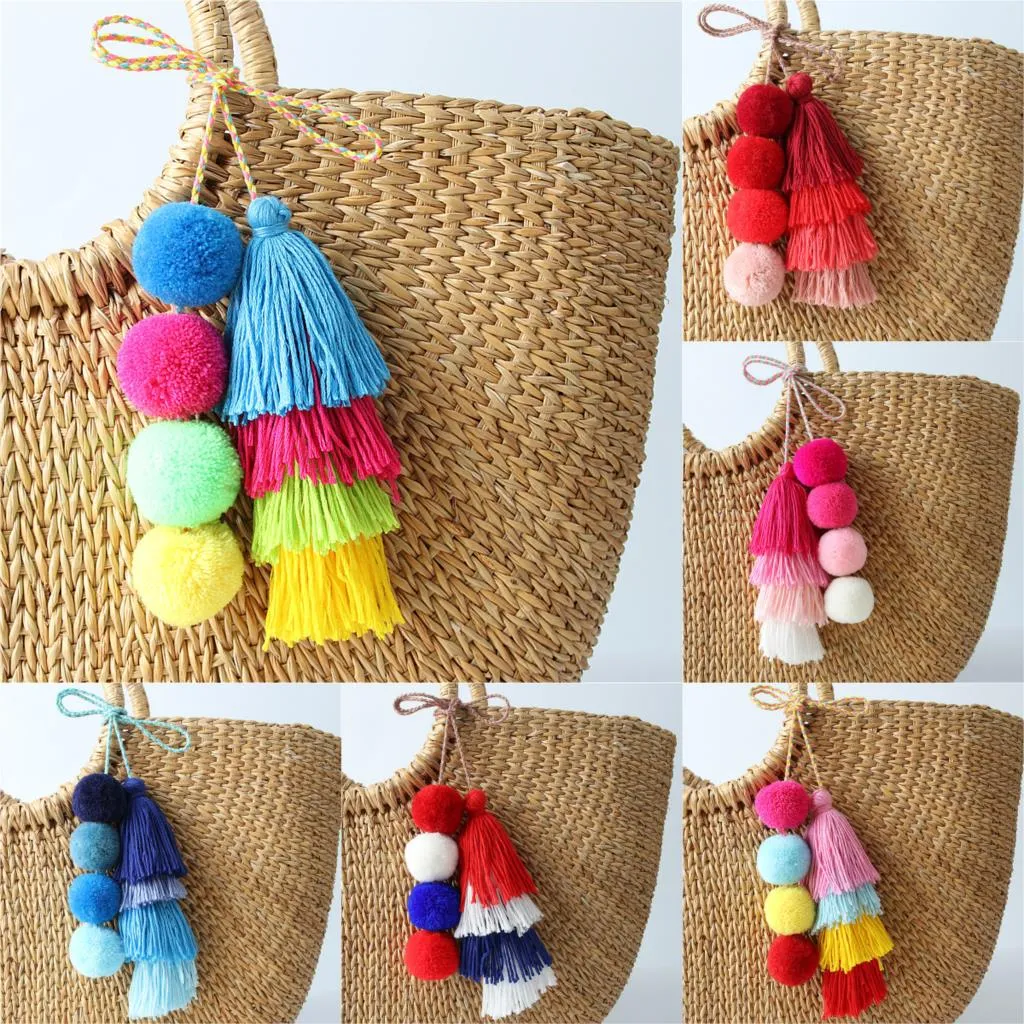 Pom Pom fait à la main coloré 4 couches gland porte-clés breloques de sac dégradé de couleurs porte-clés Boho bijoux cadeau pour les femmes 8423834