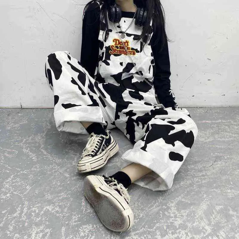 HOUZHOU Hippie Vache Imprimer Combinaisons Harajuku Pantalon À Motifs Style Coréen Salopette Casual Baggy Large Jambe Pantalon Printemps 211124