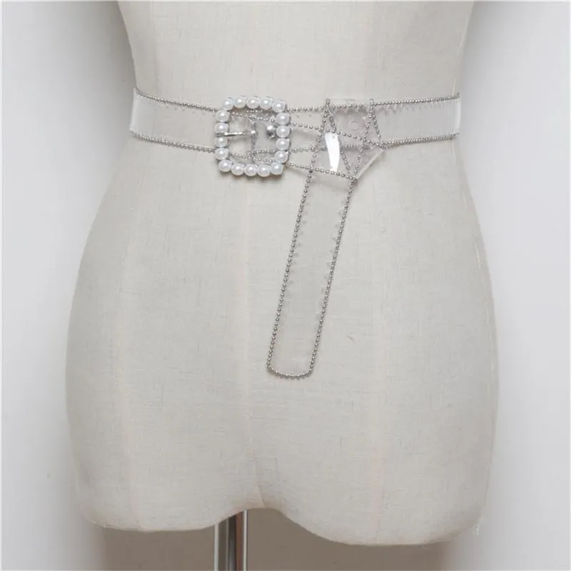 Cinturones de moda cinturón transparente cinturón para mujeres 2021 Pearl blanca transparente Cinturon Mujer Diseñador de plástico Cintura Damas261w