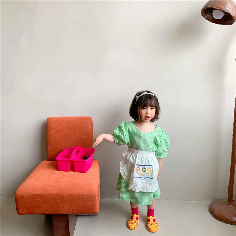 韓国風かわいい赤ちゃんガールズ格子縞半袖ドレス子供綿カジュアルドレス