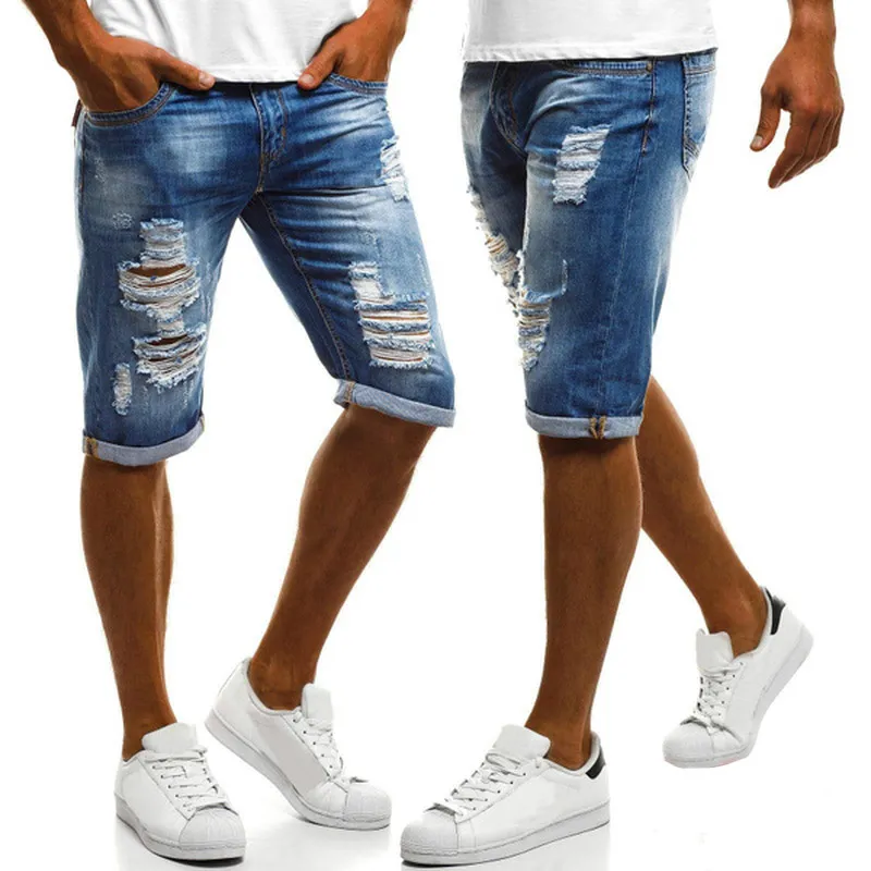 Men Shorts Jeans Hole High Waist Skinny Pant Summer Casual Mens Clothing Big Sale Destroy Washed Denim Pants Short Trousers Blue