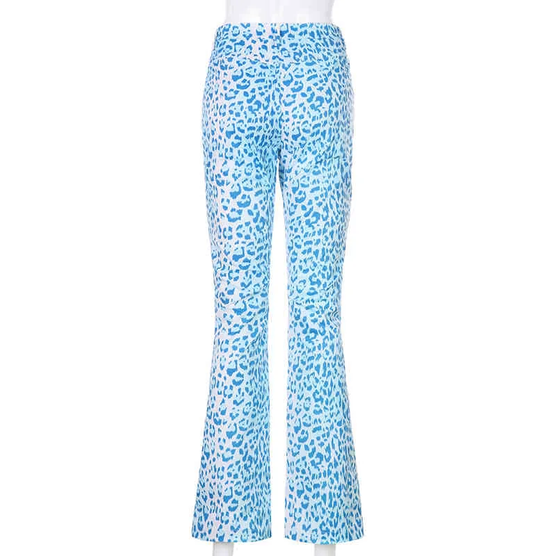 Azul Y2k Skinny Leoaprd Flare Pants Mujer Casual New Tie Dye Print Harajuku Pantalones largos de cintura alta ajustados Capri Streetwear 210415