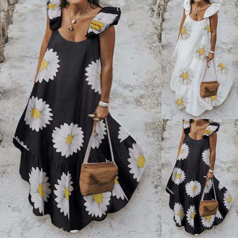 Robe d'été pour femmes Boho Style sans manches Daisy Print Ruffle Maxi Robes Grand Col Rond Lâche Femme Robes Plus La Taille 210712