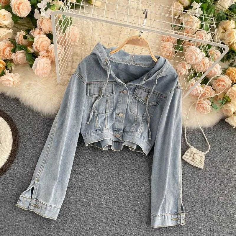 All-Match vintage hög midja casual höst långärmad hooded cropped denim jacka kläder mode toppar jeans coat streetwear 210610