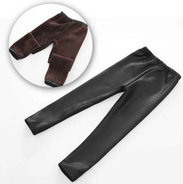 Children's Pu Calças Elásticas Cintura Elástica Leggings Leggings para Meninas Calças Inverno Bebê Roupas 210625