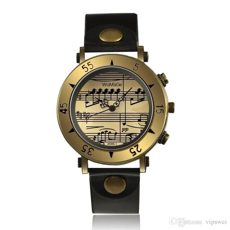 Orologio al quarzo con display da 12 ore Cinturino in PU retrò Cassa in metallo bronzo Indicatori di note musicali Orologi unisex Stile antico romano255Q