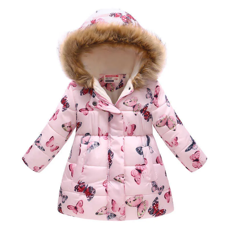 Vendita calda 2020 moda medio lungo cappotto invernale ragazze abbigliamento bambini giacca imbottita in cotone stampato ragazze grandi con cappuccio in pelliccia H0910