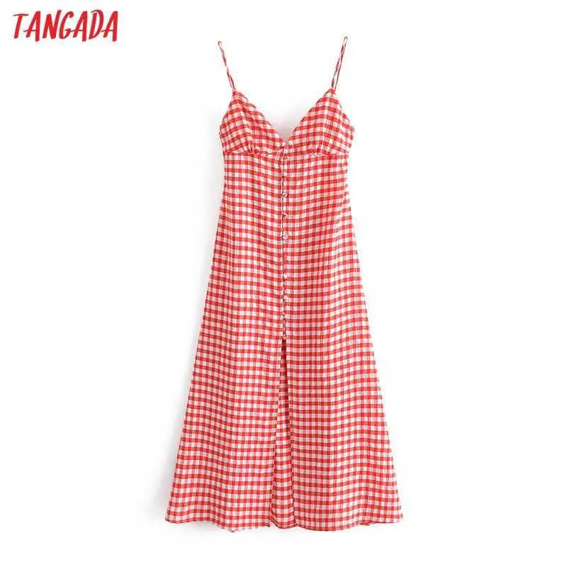 Tangada Frauen Rot Plaid Langes Kleid Strap Einstellen Rückenfrei Ärmellos 202 Mode Dame Strand Kleider Vestido QN89 210609