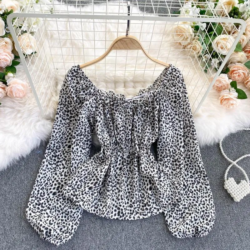 Autumn Sweet Shirt Female Wooden Ears Square Collar Western Style Puff Sleeve Retro Leopard Print Top UK505 210506