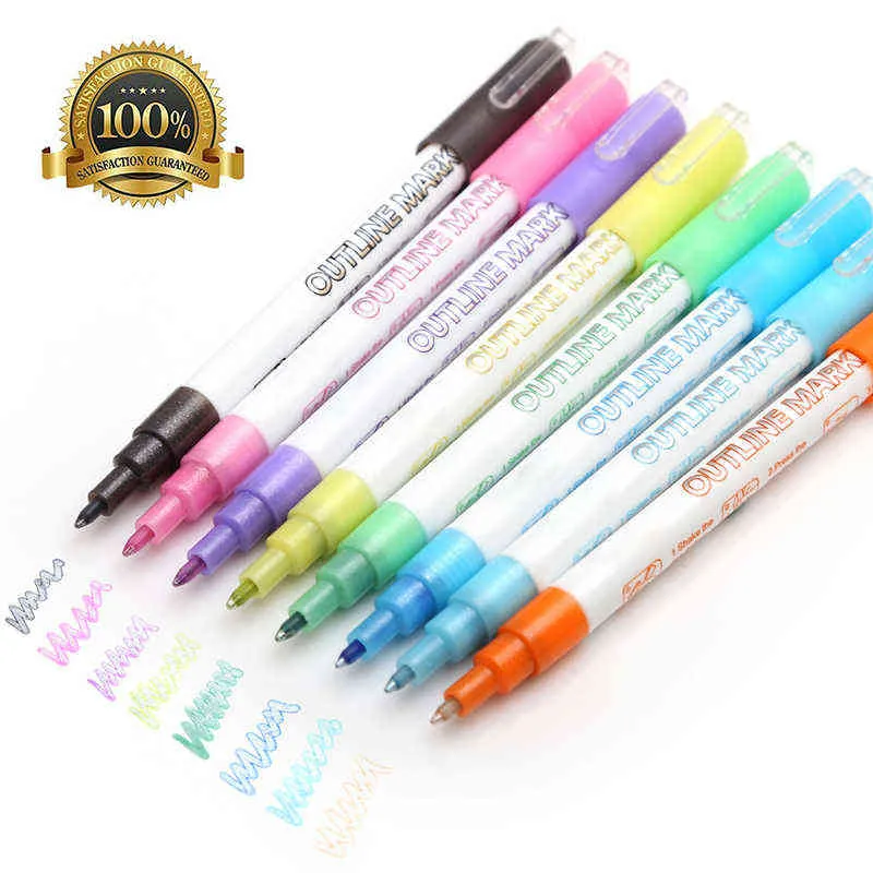 Double Line Pen, Glitter Marker Pen Fluorescent Outline Pens for Gift Card Writing, Drawing, DIY Art Crafts 211104