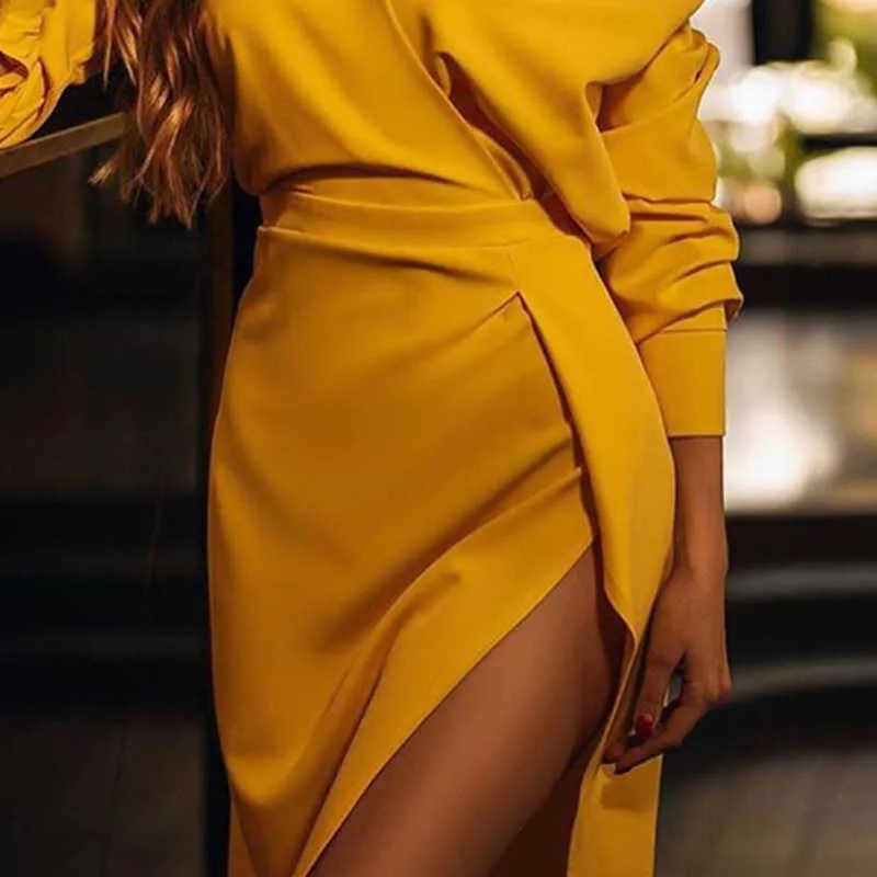 Robe de soirée cocktail à manches longues pour femmes jaune col en V robe fendue col en V Y1006