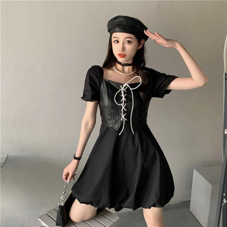 Summer Vintage High Street Square Neck Short Sleeve Patchwork Fake Two Pieces PU Leather Dress Women Bandage Vestido Swing 210610