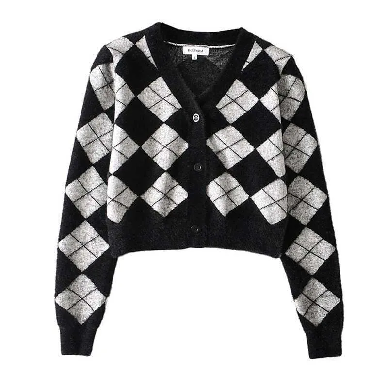 Tongirls Preppy Style Sertigan Kobiety Z Długim Rękawem Dzianiny Argyle Cashmere Streetwear Czarny Sweter Zima 211018