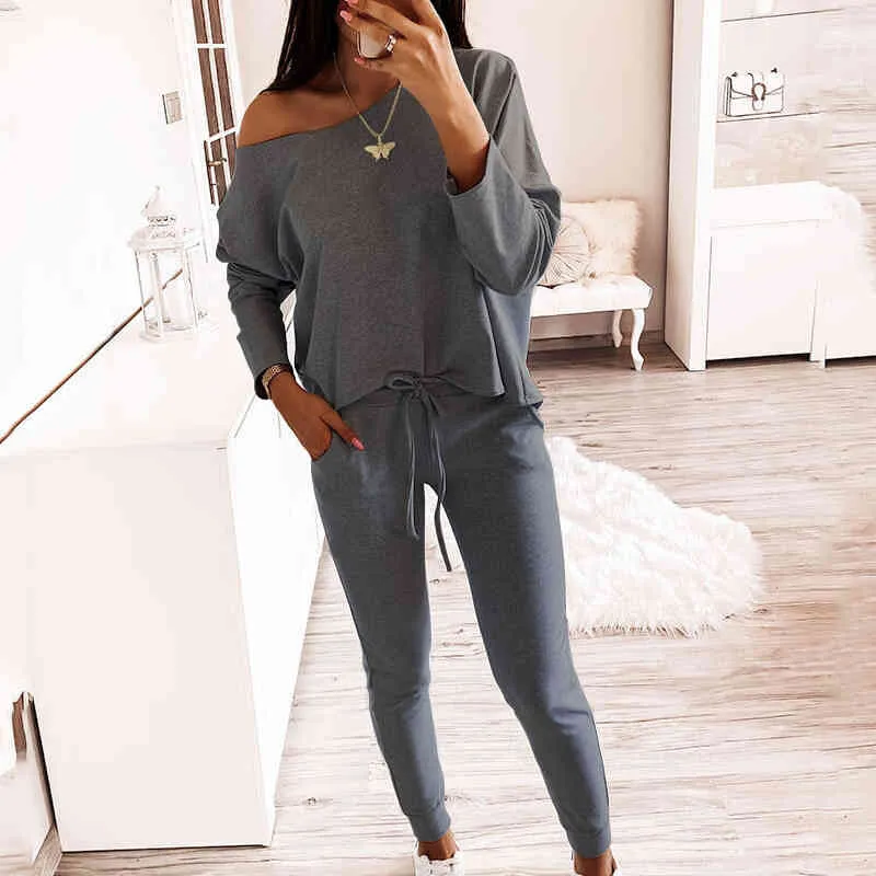 two piece sets womens outfits Autumn Solid Color Long-Sleeved off-Shoulder casual Suit set women sweat suit 210514