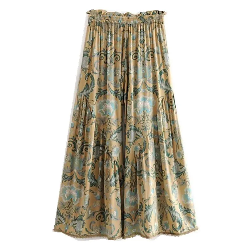 Bohemian Feather Floral Print Wide leg Pants Holiday Women Ruffles Elastic Waist Full length Skirt Loose Trouses 210429