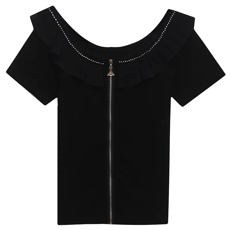 Hauts pour femmes en coton Ruffles Diamonds T-shirts Couleur unie Off-shoulder O Neck Tshirt Summer Black Zipper Tee Mujer T06005B 210421