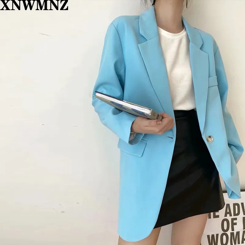 Kvinnor Blazer Formell S Lady Office Arbete Passar Fickor Jackor Coat Slim Light Blue Femme Plus Storlek 210520