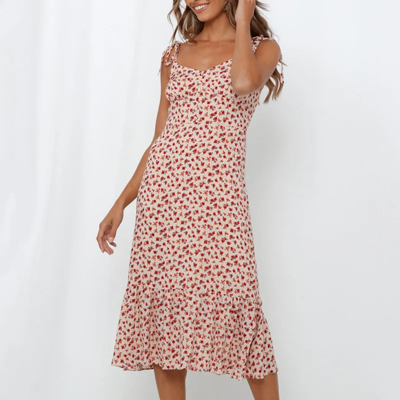 Sexy col en V à lacets robe florale femmes Vinatge bouton Maxi longue robe élégante Boho fleur imprimé en mousseline de soie rouge robe d'été 210415