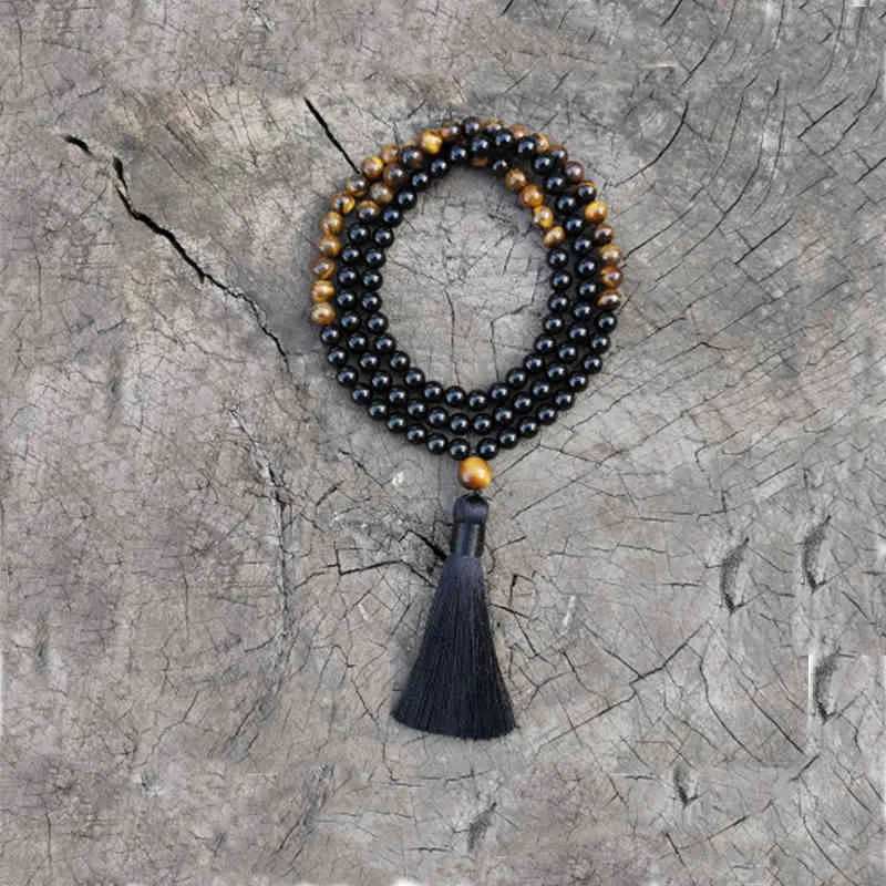 8mm Yellow Tigers Eye Black Onyx Japamala Set Protective Meditation Namaste Yoga Jewelry Buddhist Prayer Bead 108 Beads Neckalce