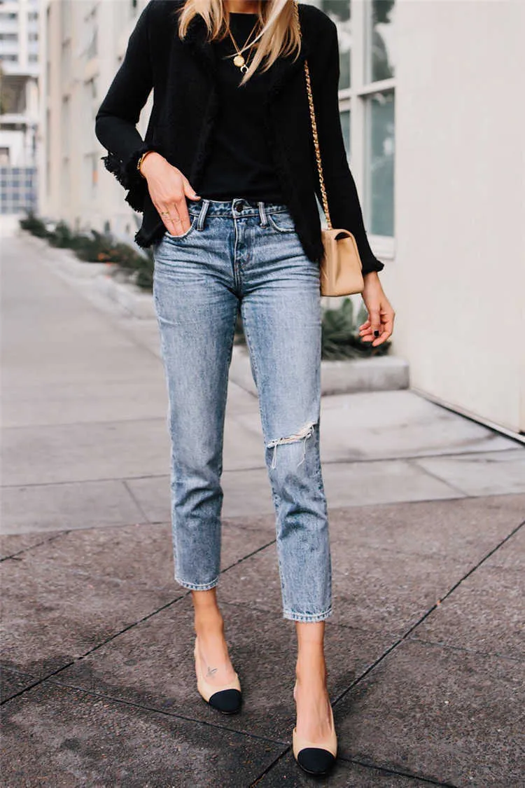 Jeans femme français TK ~ 2020 printemps et été style compte bas élastique soie taille haute tube droit jean neuf Leggings femmes