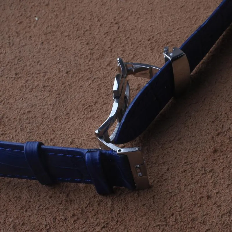 Titta på band mörkblå äkta kohud läder 14mm 16mm 18mm 20mm 22 mm klockor band rem bälte klockband vikande spänne 210w