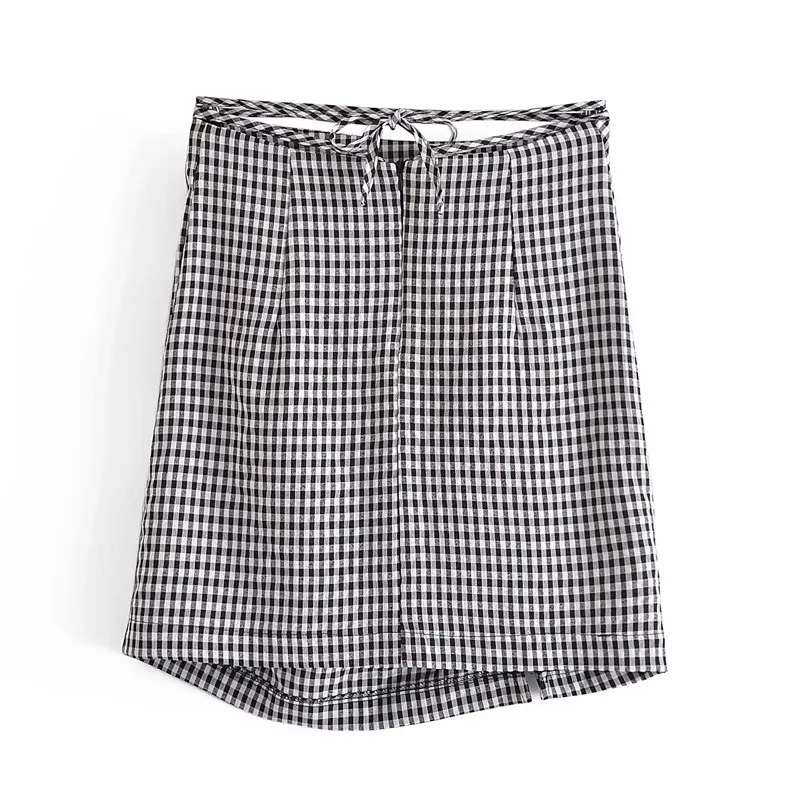 Mujeres Verano Plaid A-Line Mini Faldas ZA Vendaje Plisado Pajarita Dulce Mujer Elegante Falda Calle Botton Ropa 210513