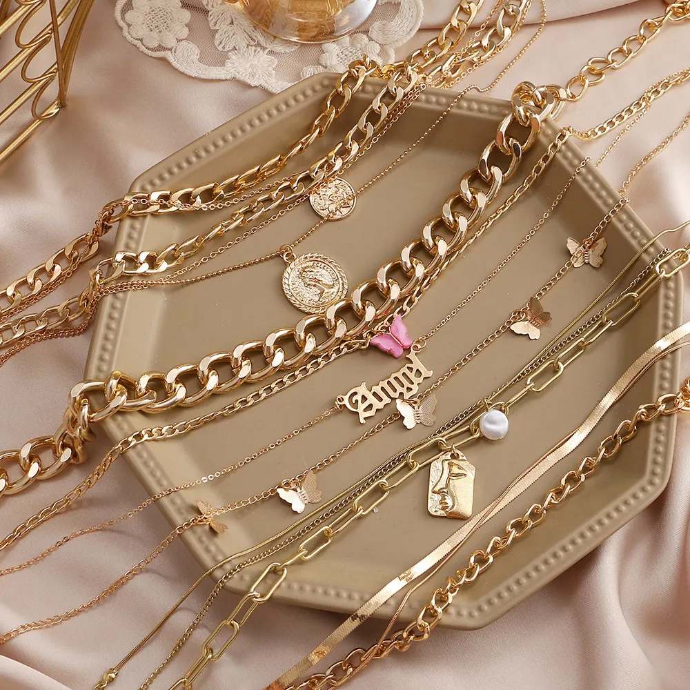 Vintage multi-layer gouden ketting choker ketting voor vrouwen munt vlinder hanger mode portret dikke ketting kettingen Jewelry210O