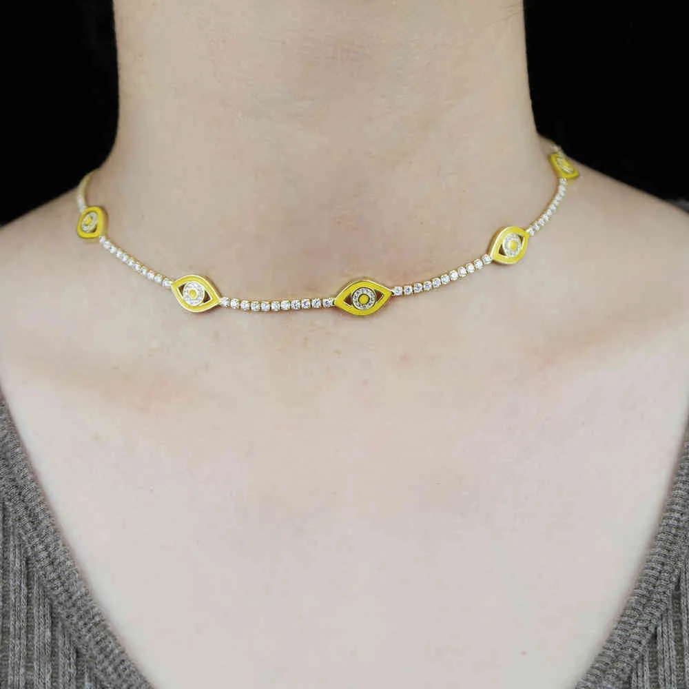 CZ-Tennis-Choker-Halskette, goldfarben, Metall, Neon-Emaille, türkischer böser Blick-Charme, glücklich, niedlich, schöne Frauen-Kettenhalsketten