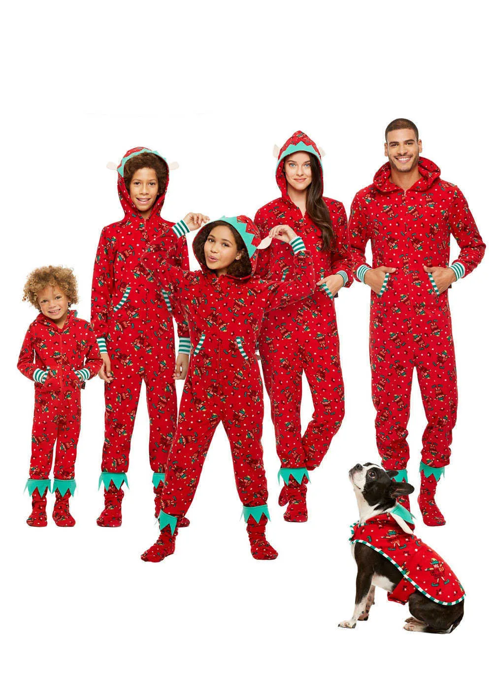 Rodzina pasująca do świątecznych piżamów romper kombinezonu kobiety mężczyźni dziecięce dzieci czerwona nadruk świątynia nocna odzież z kapturem zamek błyskawiczny 2109369381