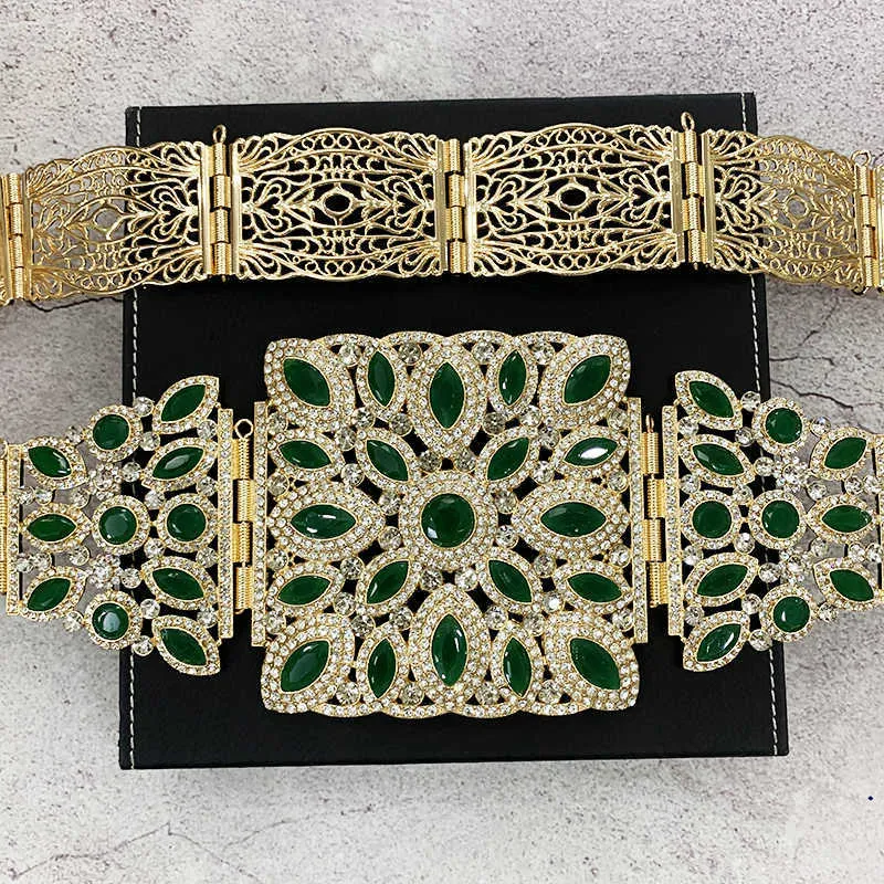 Cintura da caftano tradizionale marocchina da donna, grande, a vita larga, con strass di diamanti e strass impreziosita da fiori cavi
