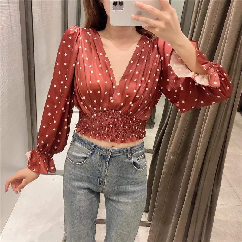 Röd Polka Dot Crop Top Kvinnor Mode Wrap V Neck Long Puff Sleeve Ruffle Blus Vintage Elastic Hem Casual Ladies Toppar 210519