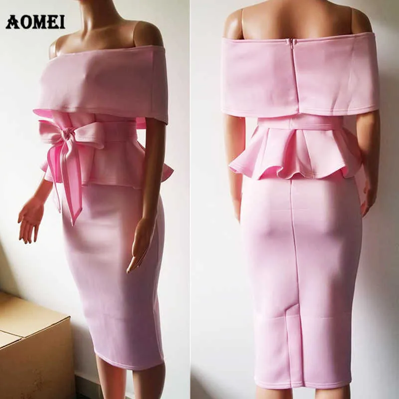 Pink Two Piece Set Women Party Date Night Dress Off Shoulder Peplum Ruffles Sashes Outfits for Women Skirts and Top 2XL 210730